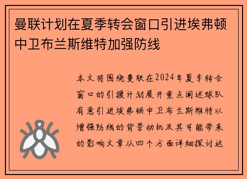 曼联计划在夏季转会窗口引进埃弗顿中卫布兰斯维特加强防线 曼联计划在夏季转会窗口引进埃弗顿中卫布兰斯维特加强防线