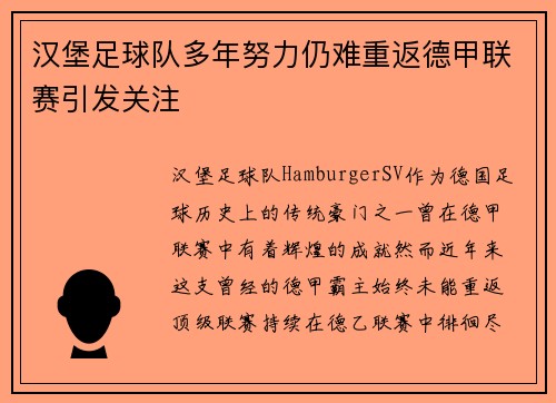 汉堡足球队多年努力仍难重返德甲联赛引发关注